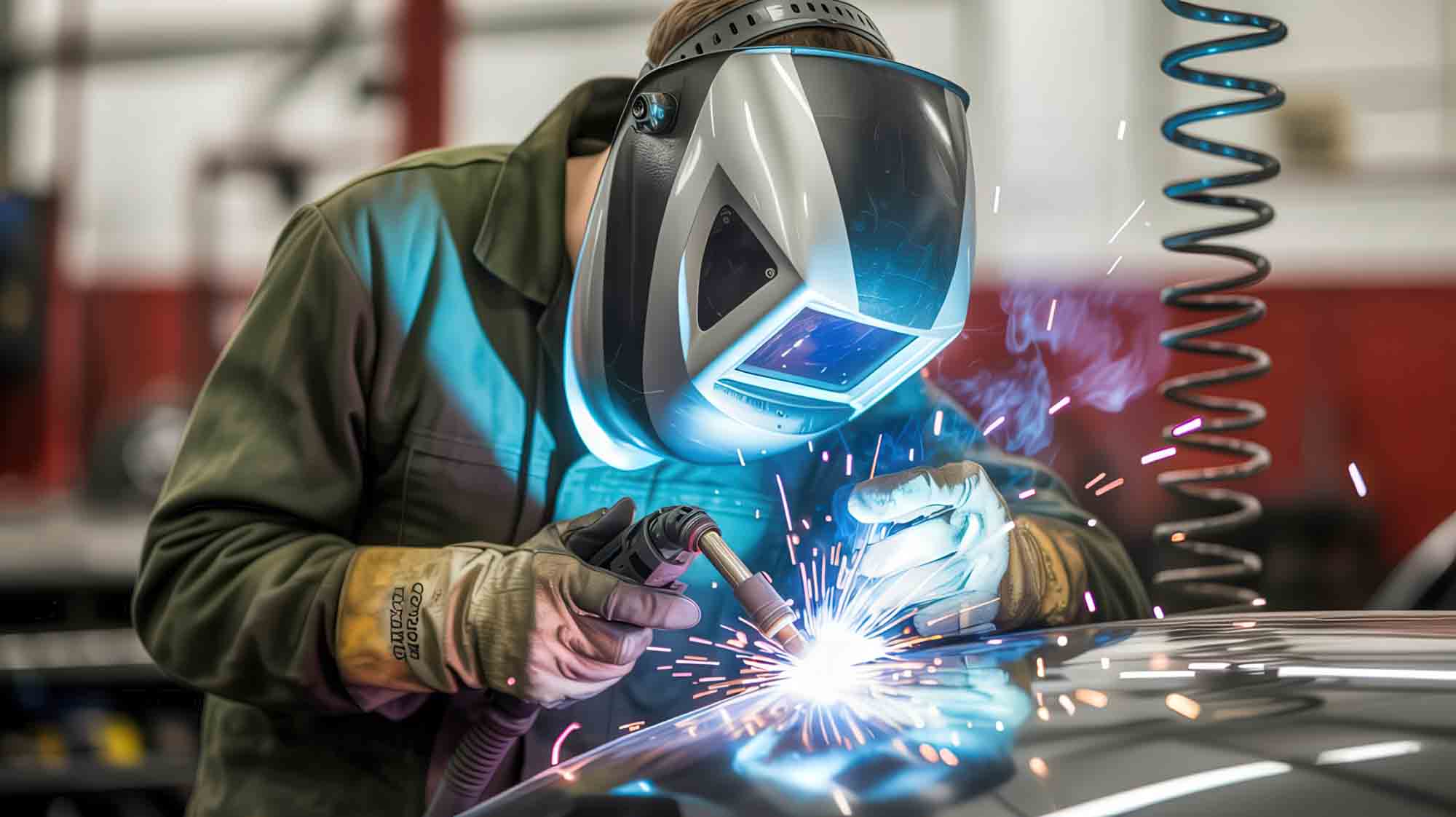 Mechanic welding on a car in an auto service repair shop.