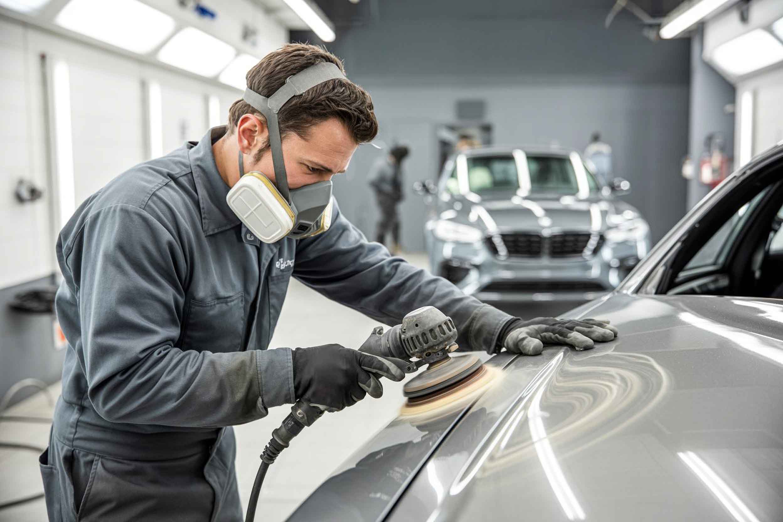 Mechanic welding on a car in an auto service repair shop.