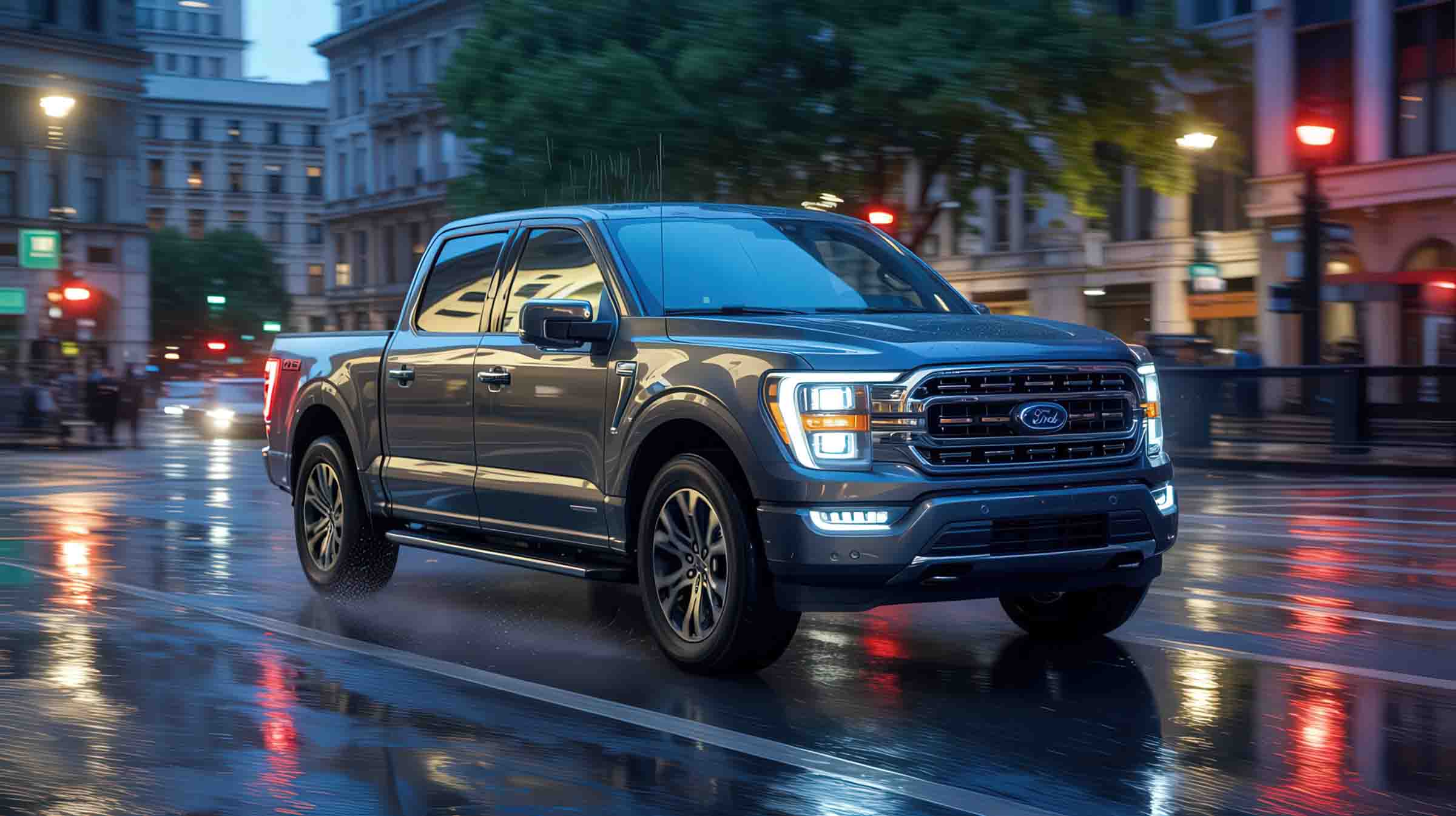 F150 driving through city on rainy day – ADAS Services – Craigs Collision F150 driving through city on rainy day - ADAS Services - Craigs Collision