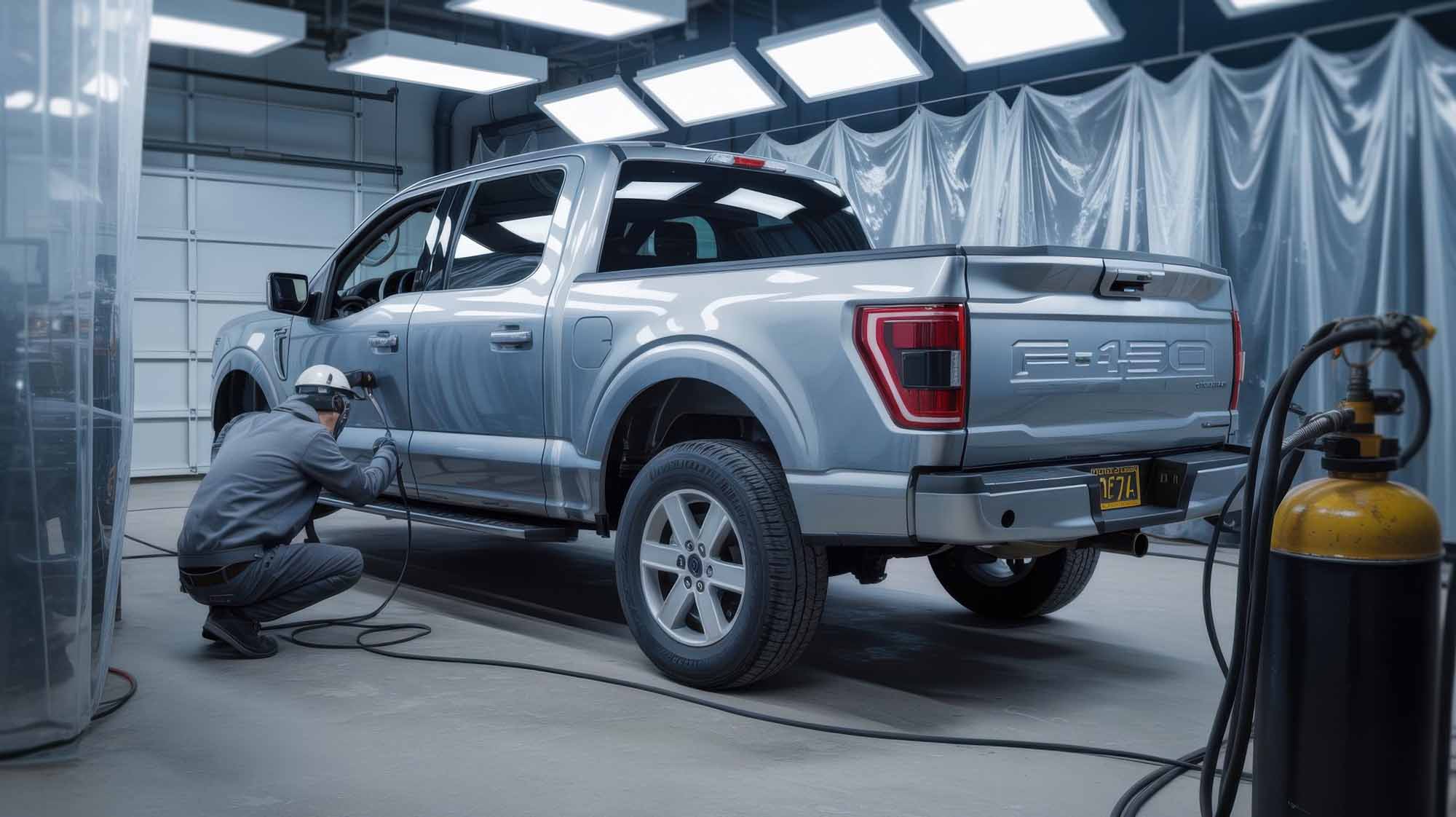 Ford Aluminum repair – technician working on silver f150 – ford body shop – craigs collision Ford Aluminum repair - technician working on silver f150 - ford body shop - craigs collision