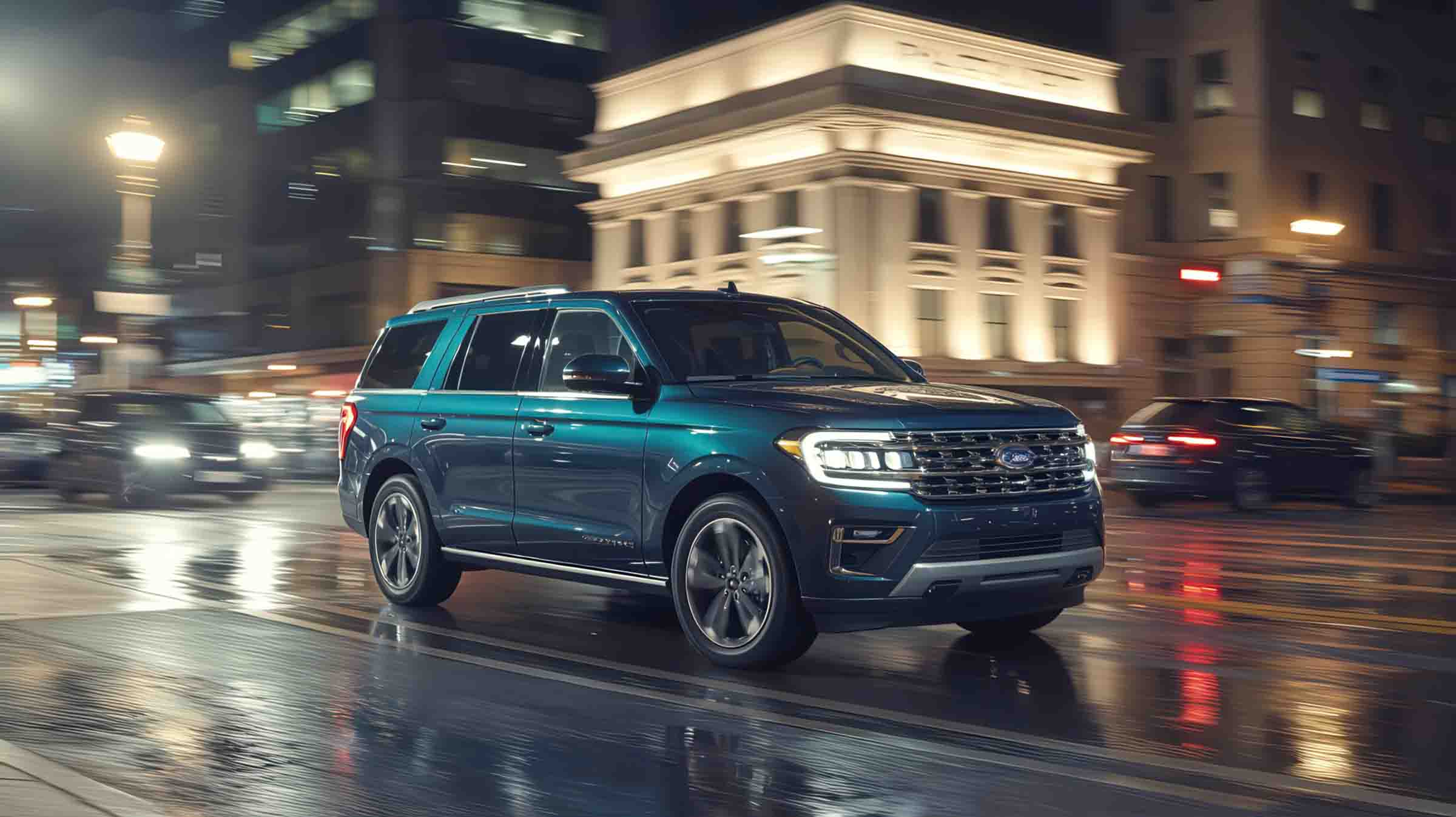 Ford expedition driving through city on wet roads - craigs collision