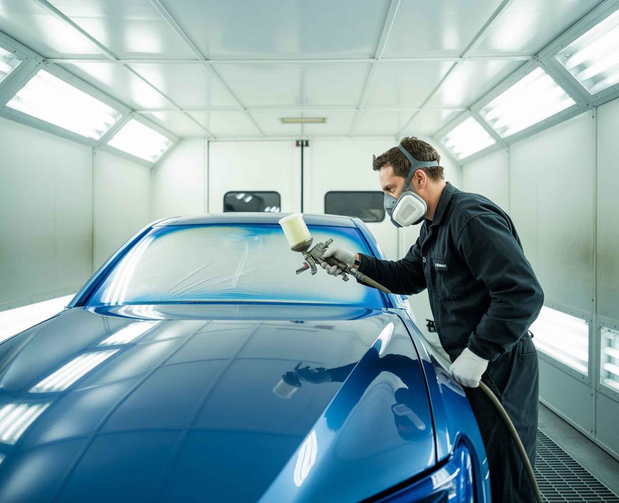 Painter in booth painting blue car - craigs collision