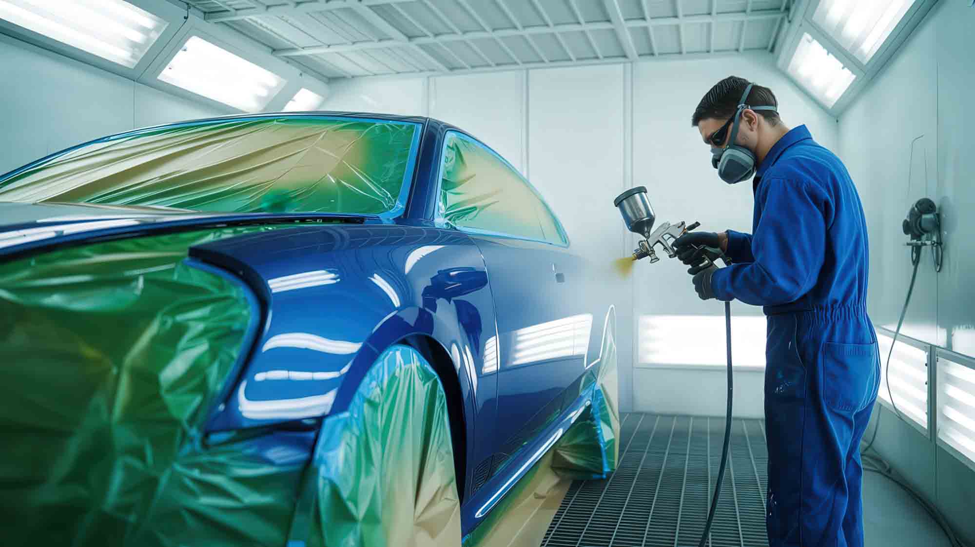 Painter in booth spraying blue sedan - auto paint repair - craigs collision