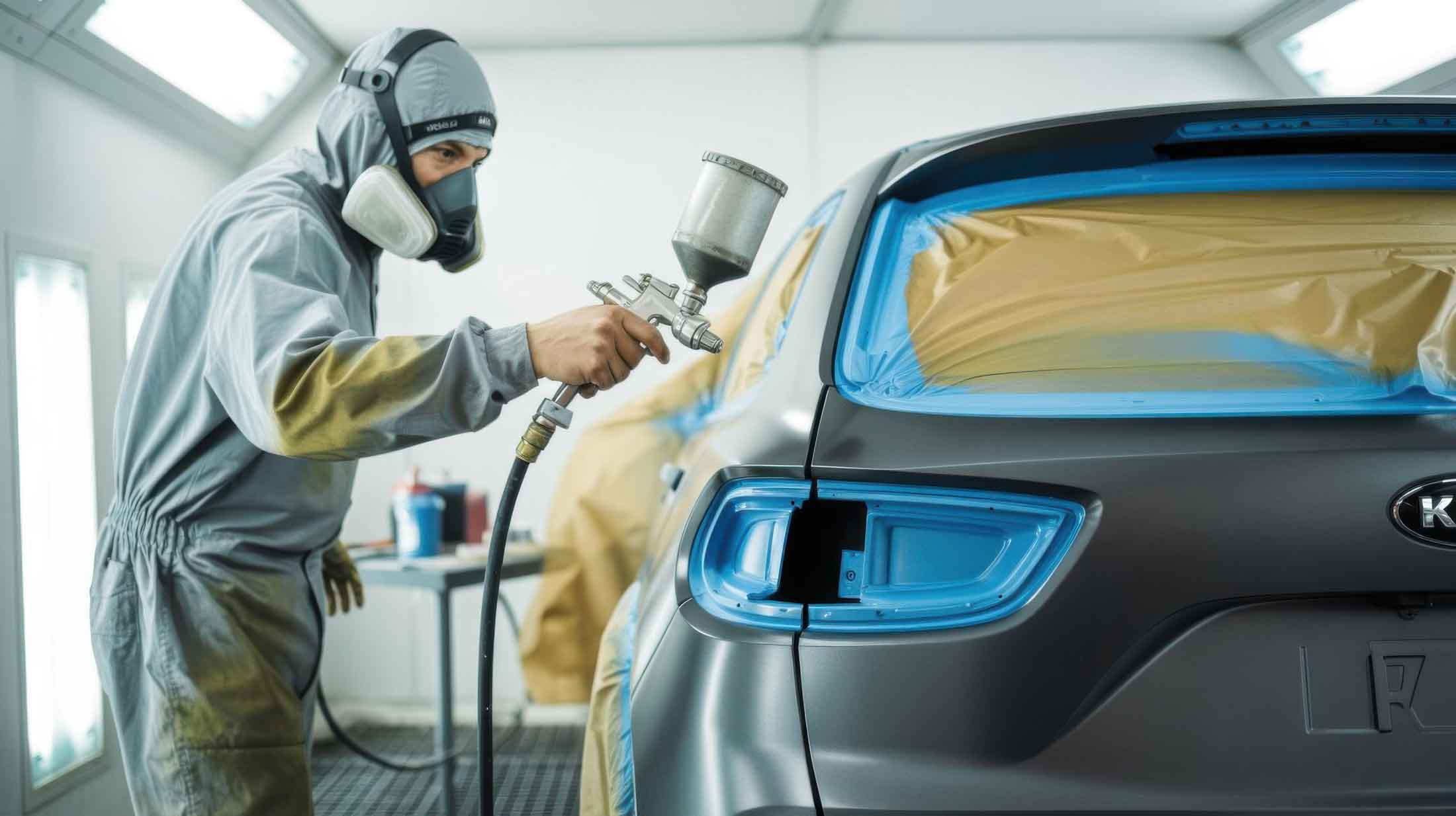 Painter in booth spraying vehicle – kia body shop – craigs collision Painter in booth spraying vehicle - kia body shop - craigs collision