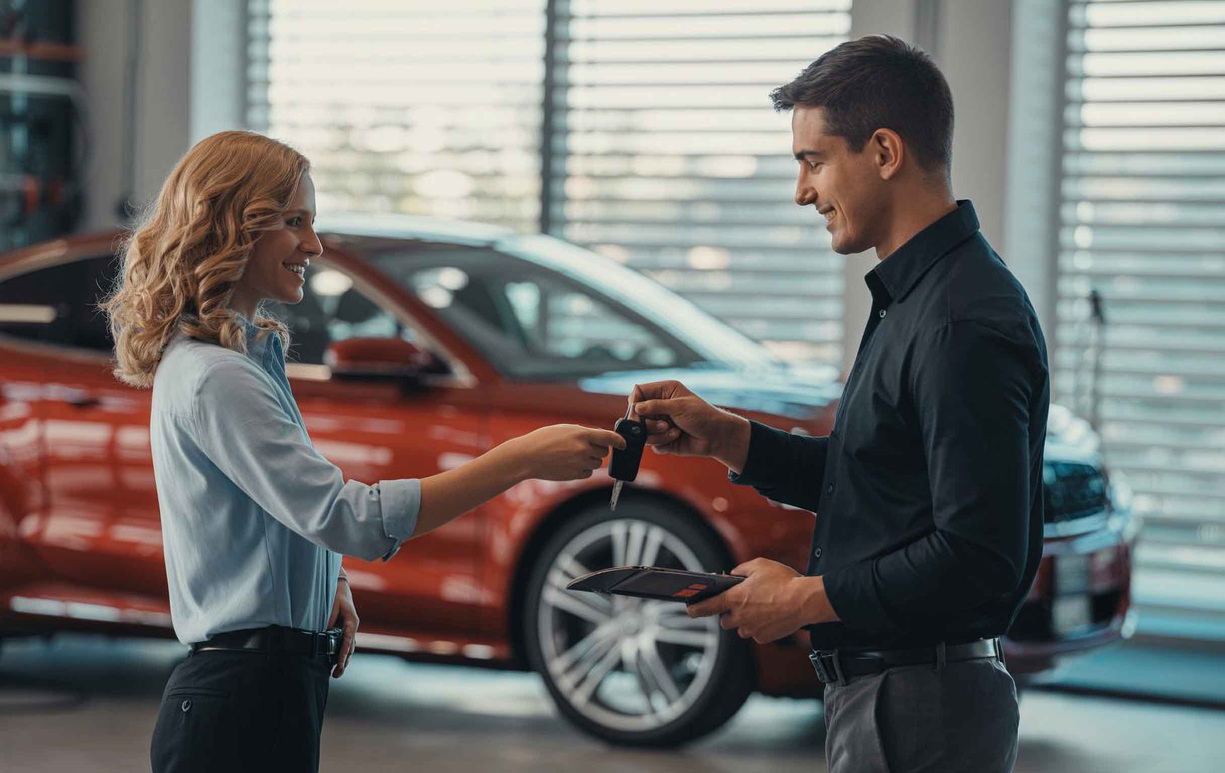 Technician handing keys to smiling customer in front of red sedan - our repair process - craigs collision