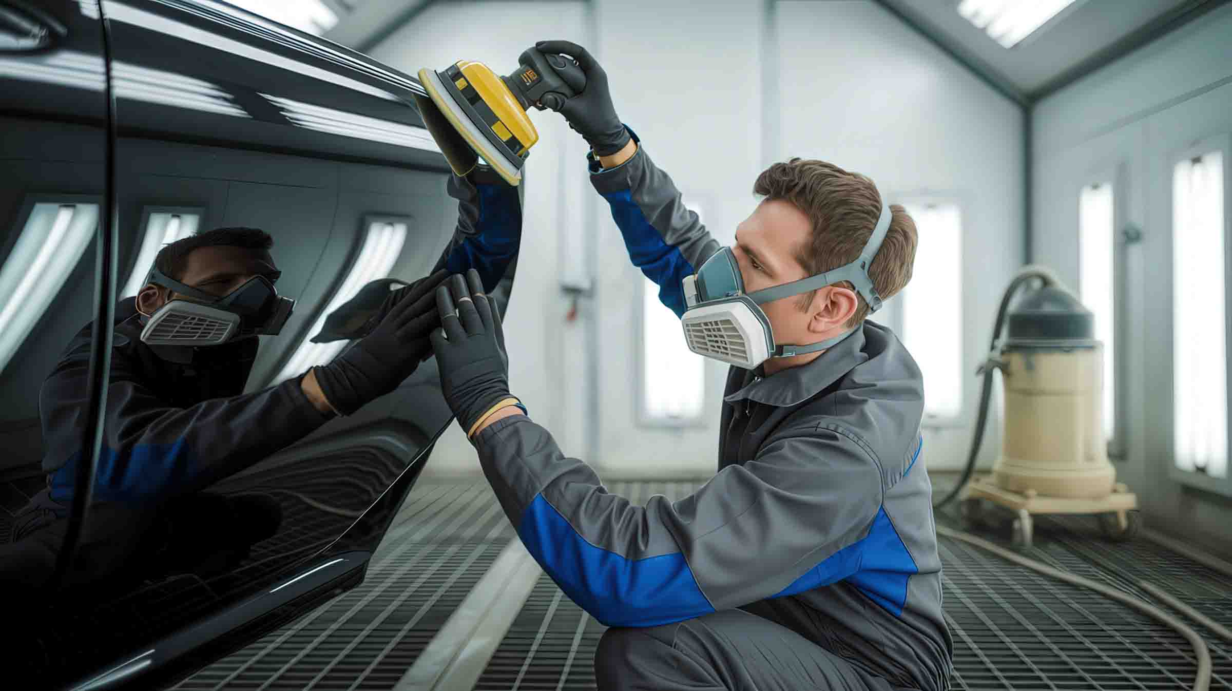 Technician in booth polising black vehicle - our repair process - craigs collision