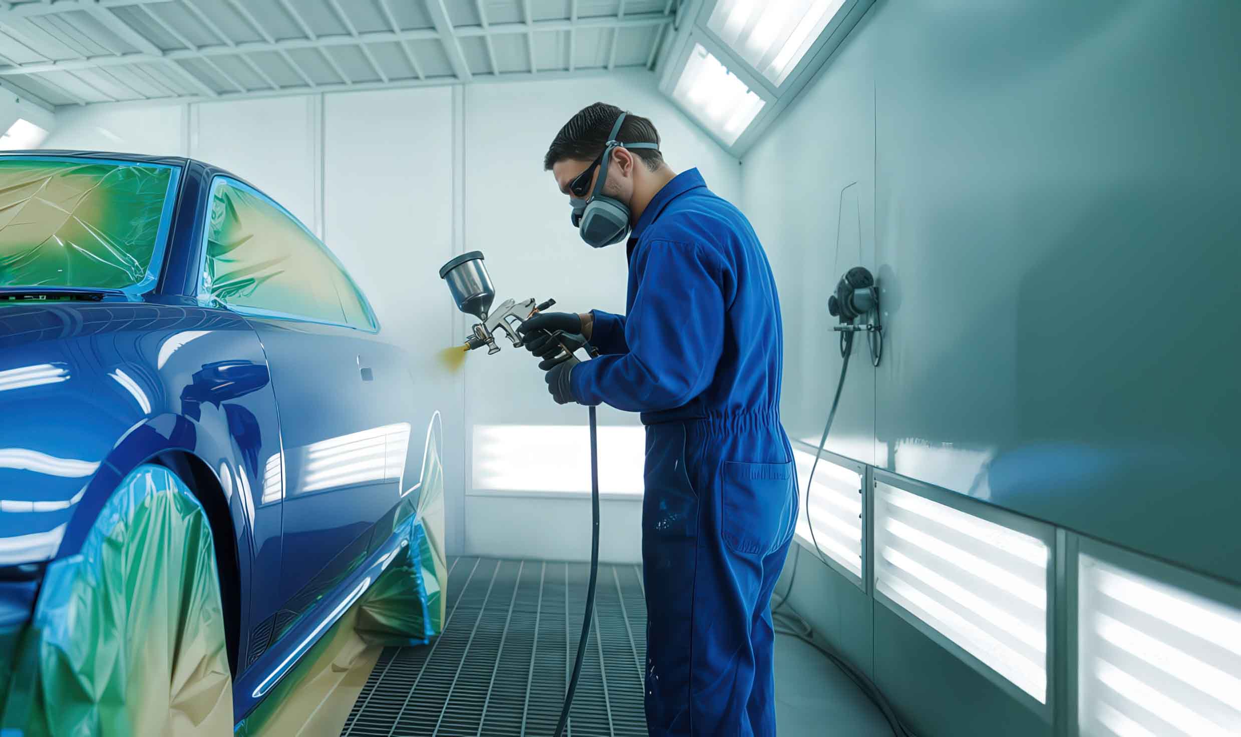 Technician in paint booth painting blue sedan - our repair process - craigs collision