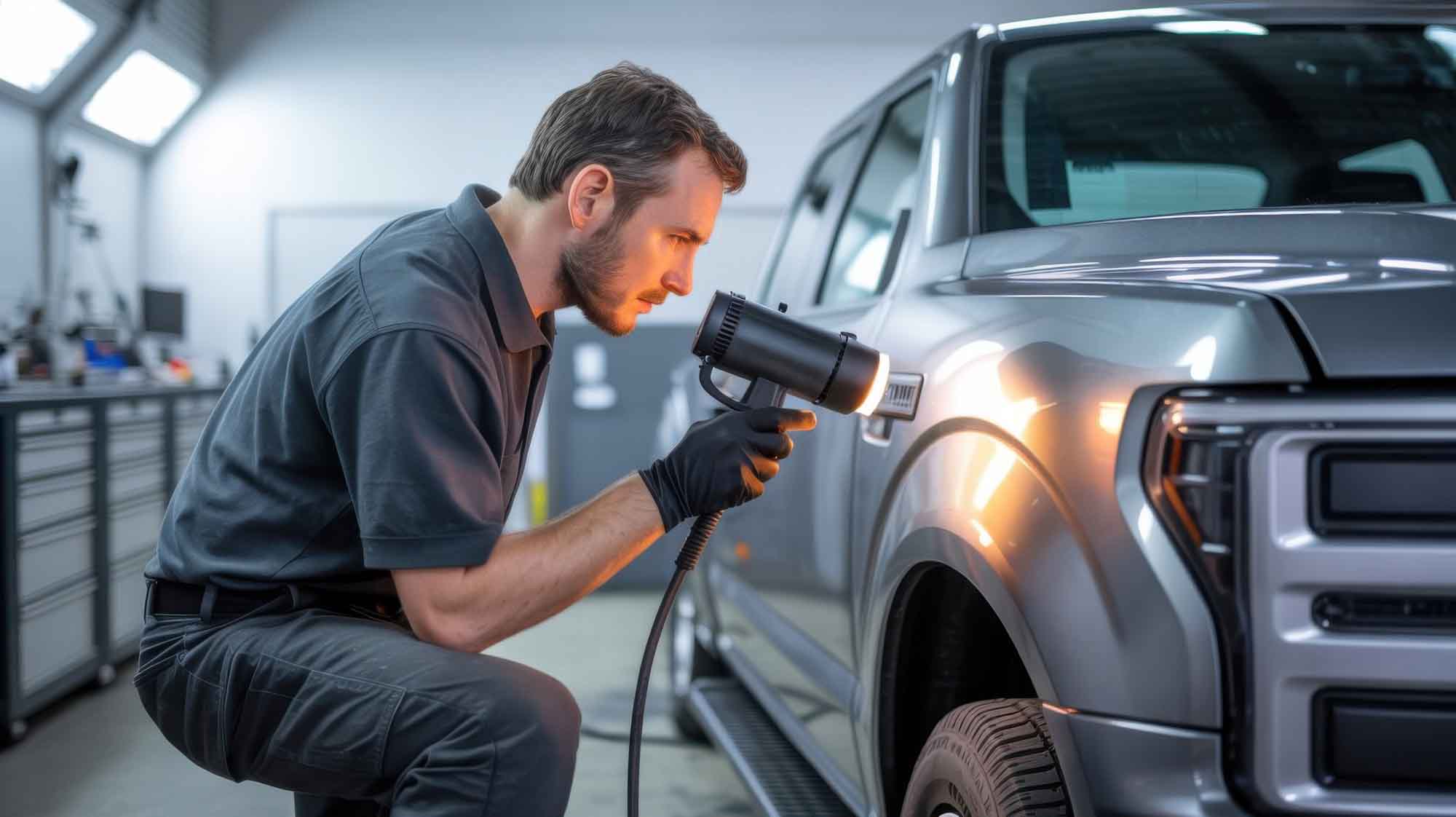 Technician inspecting fender of silver ford f150 with light – ford body shop – craigs collision Technician inspecting fender of silver ford f150 with light - ford body shop - craigs collision