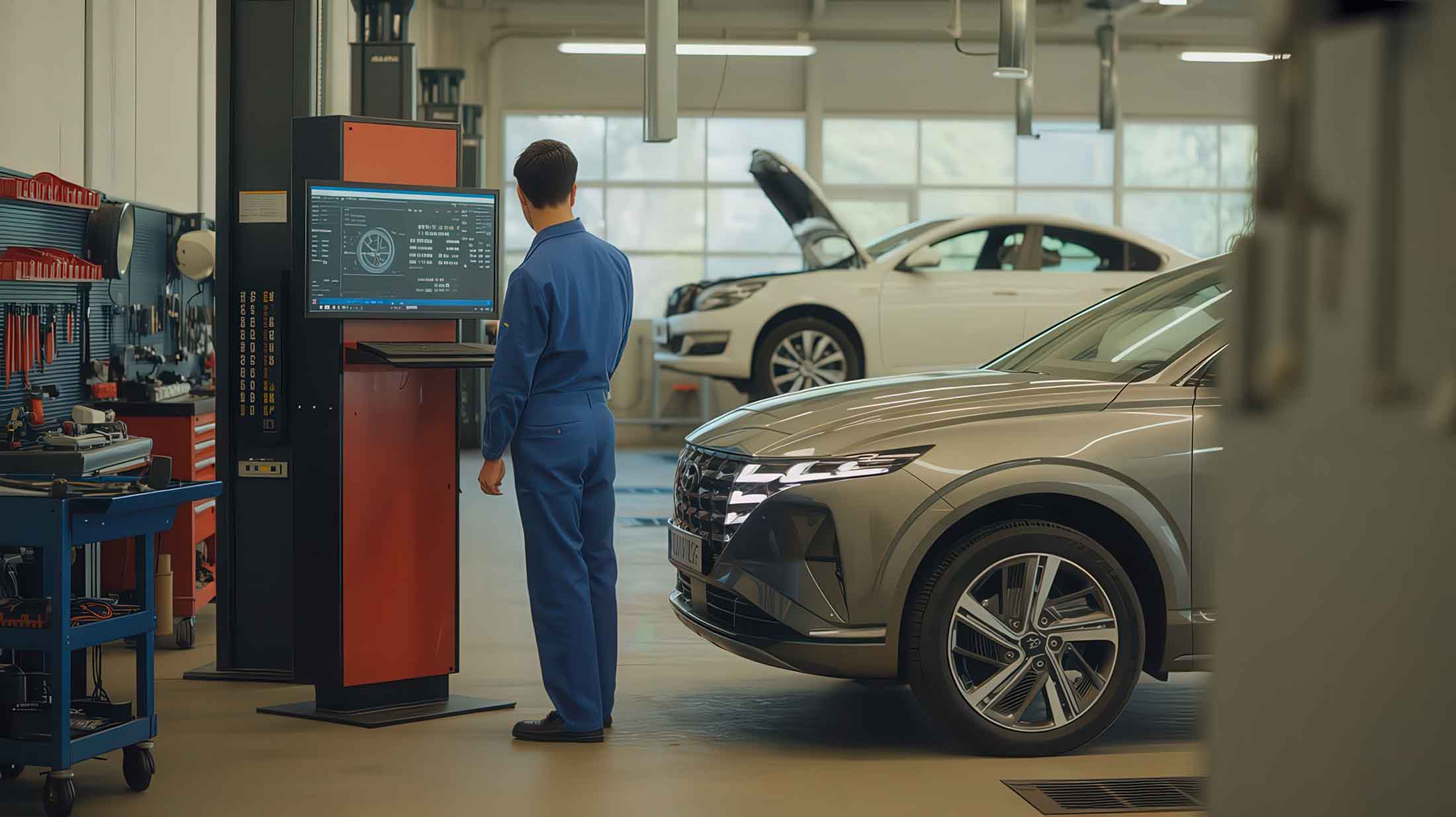 Technician on computer scanning vehicle - auto body collision repair services - craigs collision