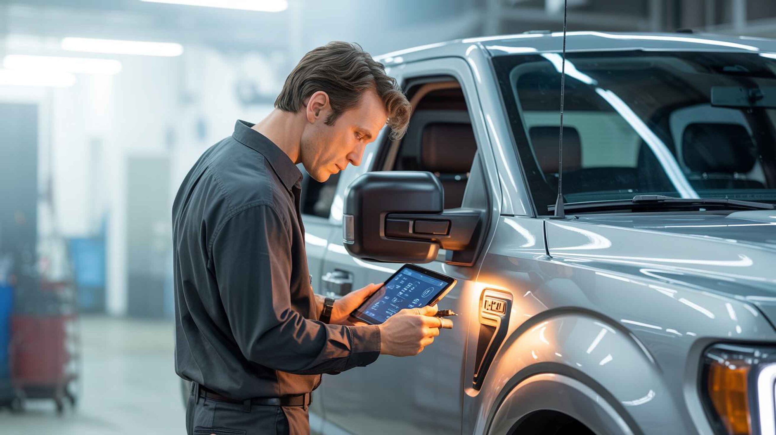 Technician performing adas repair services on ford f150 – ford body shop – craigs collision Technician performing adas repair services on ford f150 - ford body shop - craigs collision