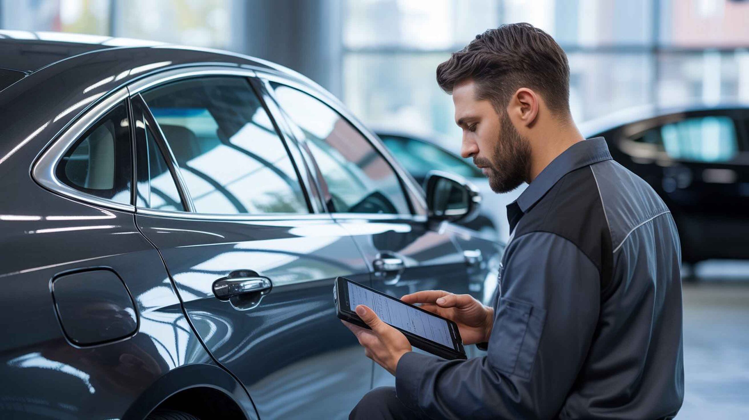 Technician performing diagnostics on dark sedan – kia body shop – craigs collision Technician performing diagnostics on dark sedan - kia body shop - craigs collision