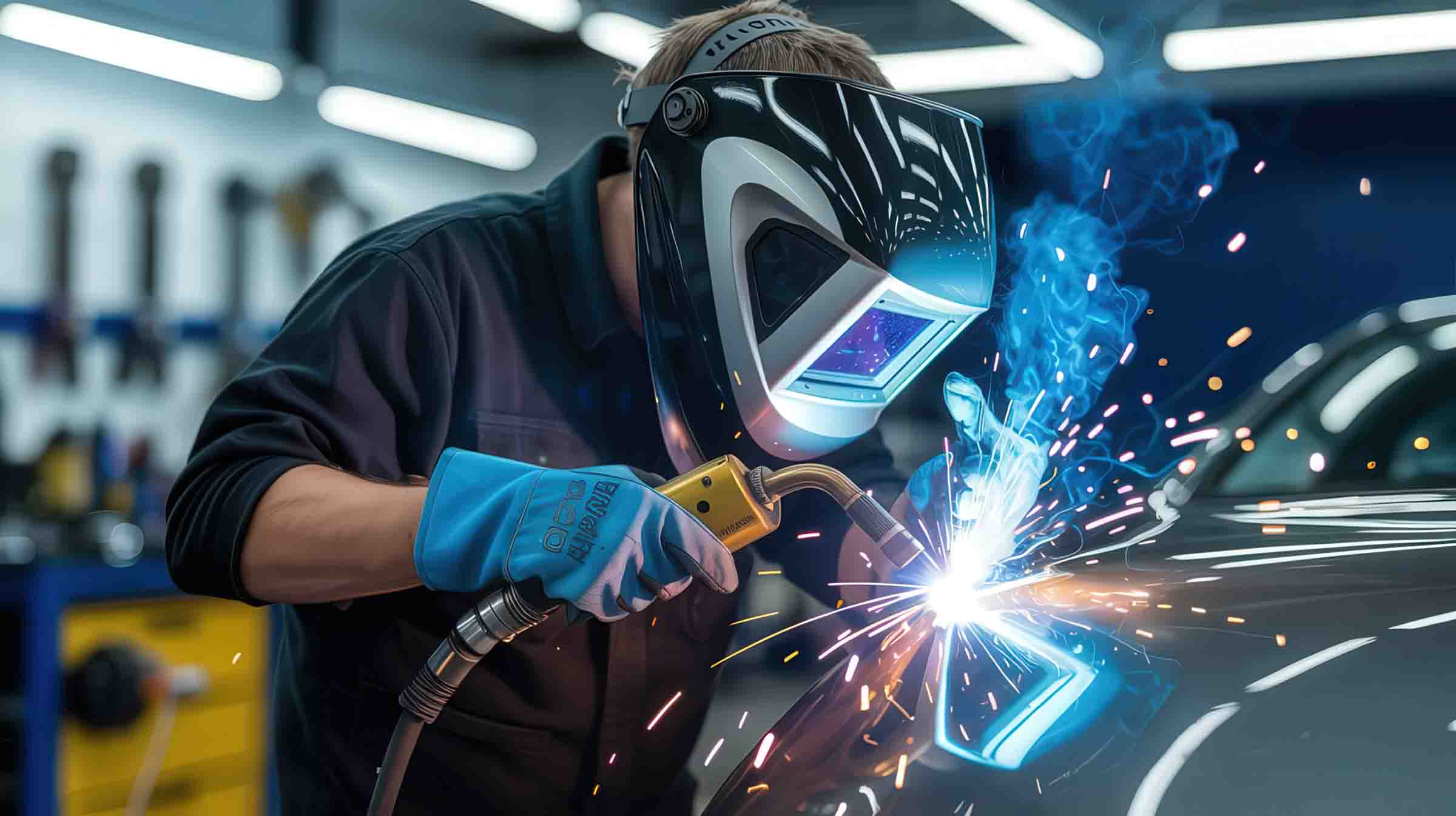 Technician performing welding repairs on vehicle - our repair process - craigs collision
