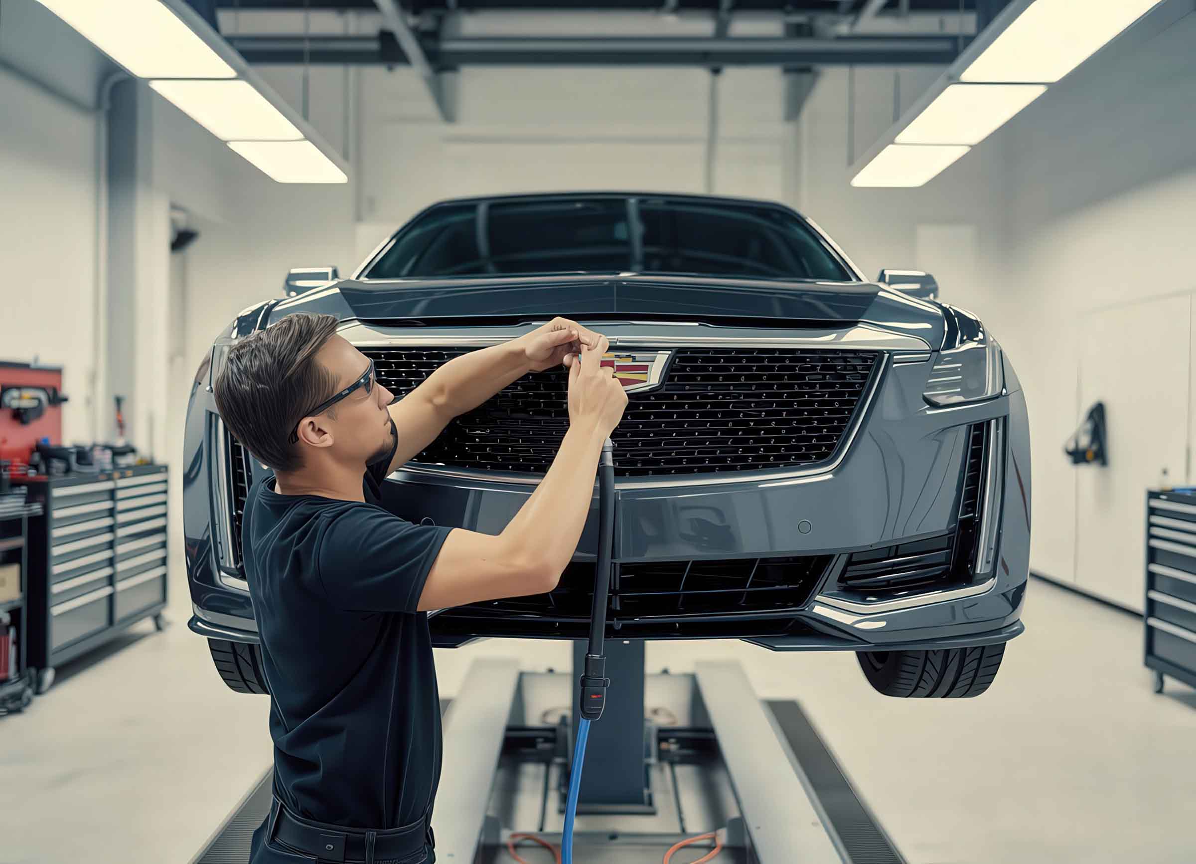 Technician standing in front of cadillac ct5 on lift - collision repair services - craigs collision