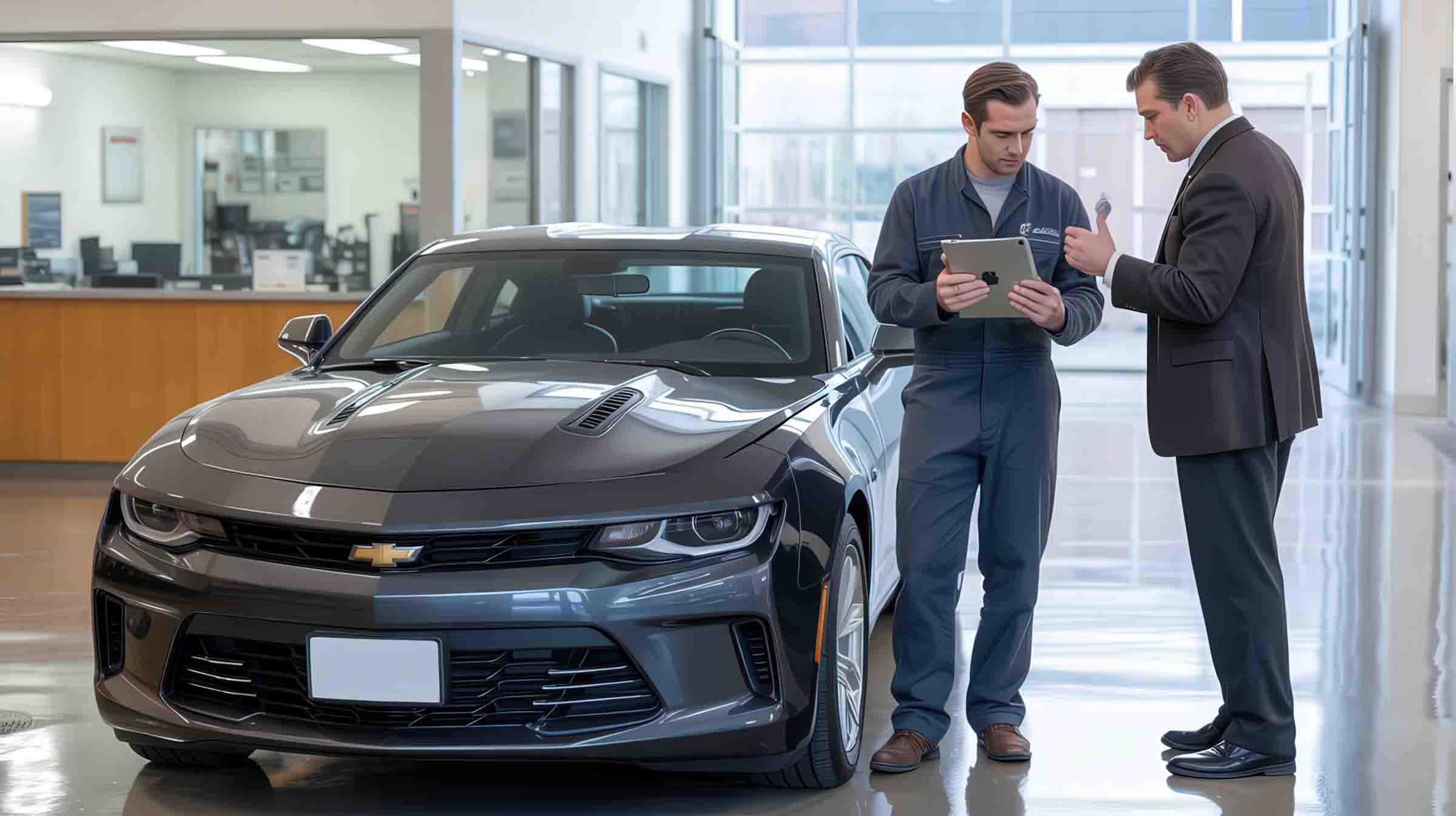 Technician waiting on approval for repair in front of grey camaro - our repair process - craigs collision