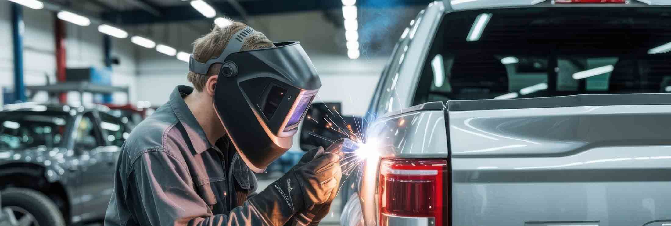 Technician weldin on bed of ford f150 – ford body shop – craigs collision Technician weldin on bed of ford f150 - ford body shop - craigs collision