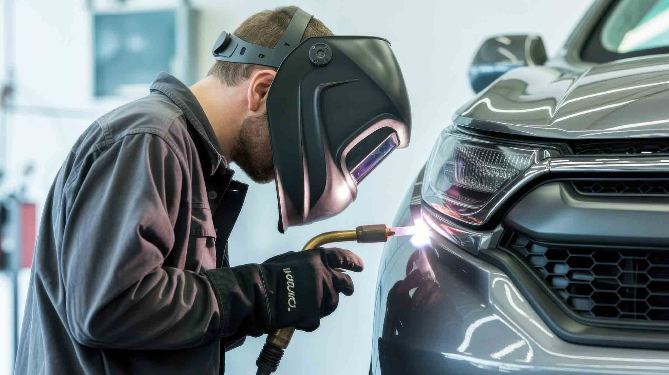 Technician welding on front of silver suv – kia body shop – craigs collision Technician welding on front of silver suv - kia body shop - craigs collision
