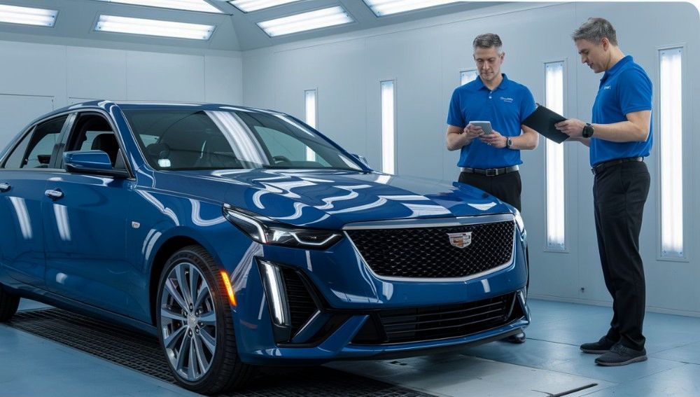 Technicians-performing-post-scan-on-cadillac-sedan-our-repair-Craigs-Collision