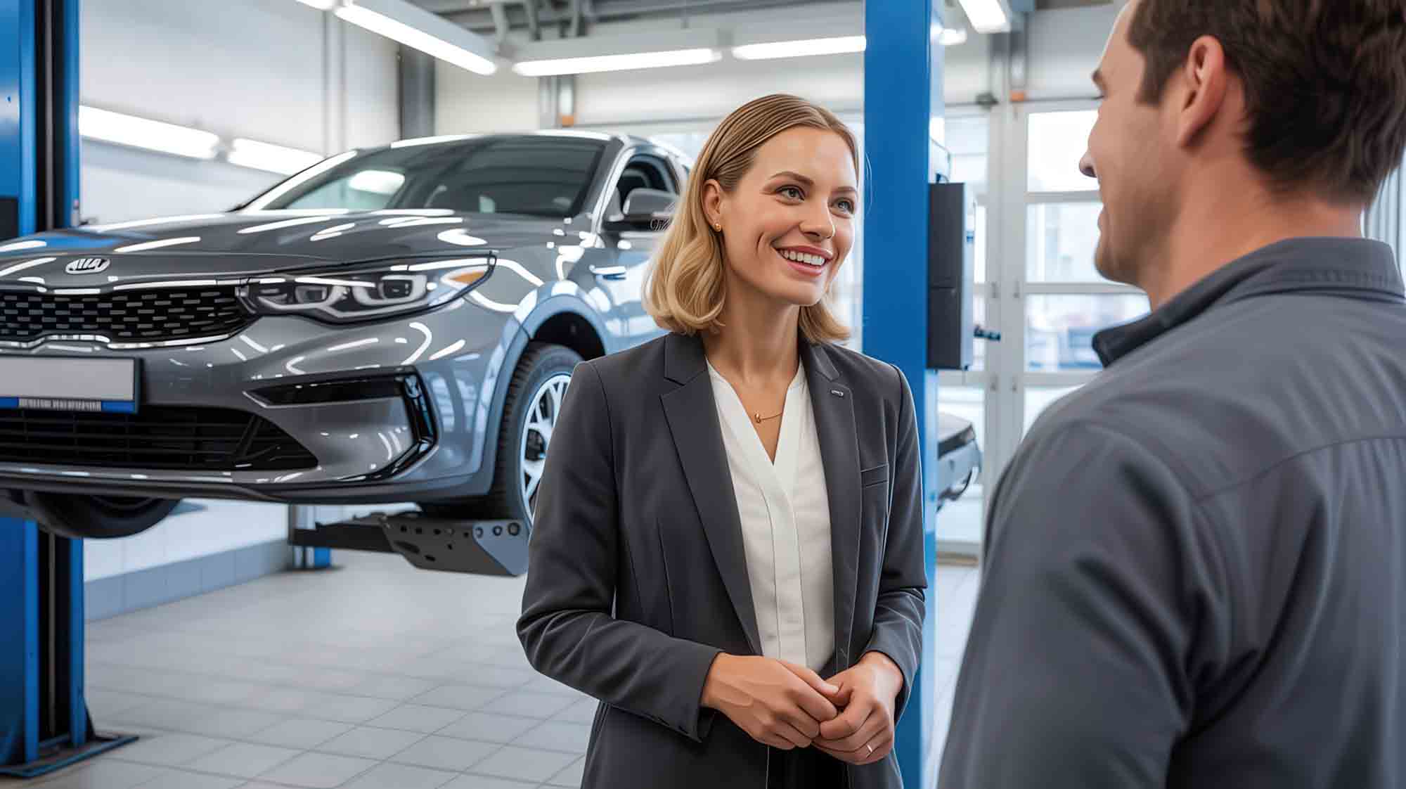 technician speaking with smiling client in front of silver kia sedan on life – kia body shop – craigs collision technician speaking with smiling client in front of silver kia sedan on life - kia body shop - craigs collision