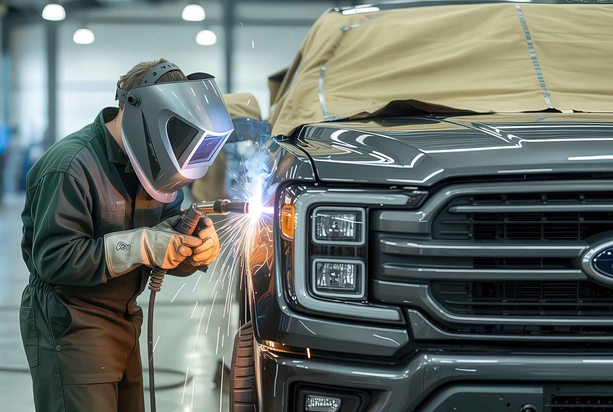 technician welding on ford F150 - ford body shop - craigs collision