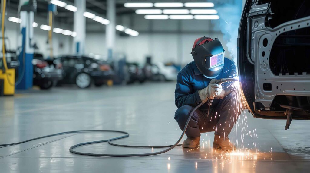 technician welding on ford F150 - ford body shop - craigs collision
